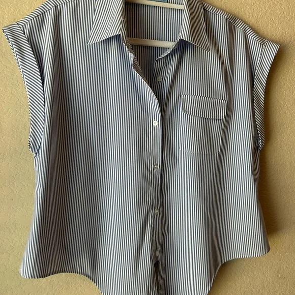 ANTONIO MELANI Blue and White Striped Button-Up Blouse - Picture 3 of 5